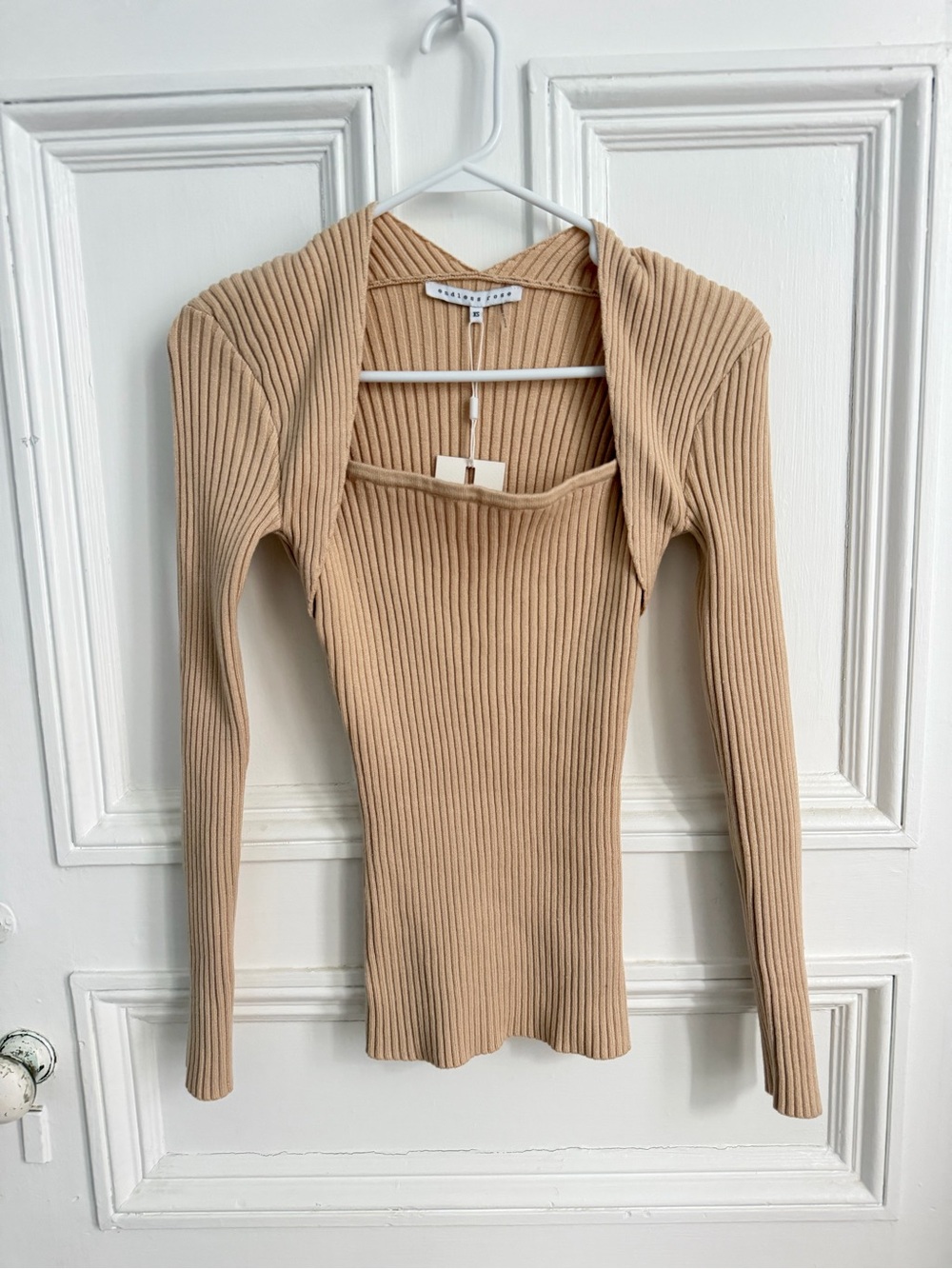 Endless Rose Ribbed Square-Neck Long Sleeve Top in Tan